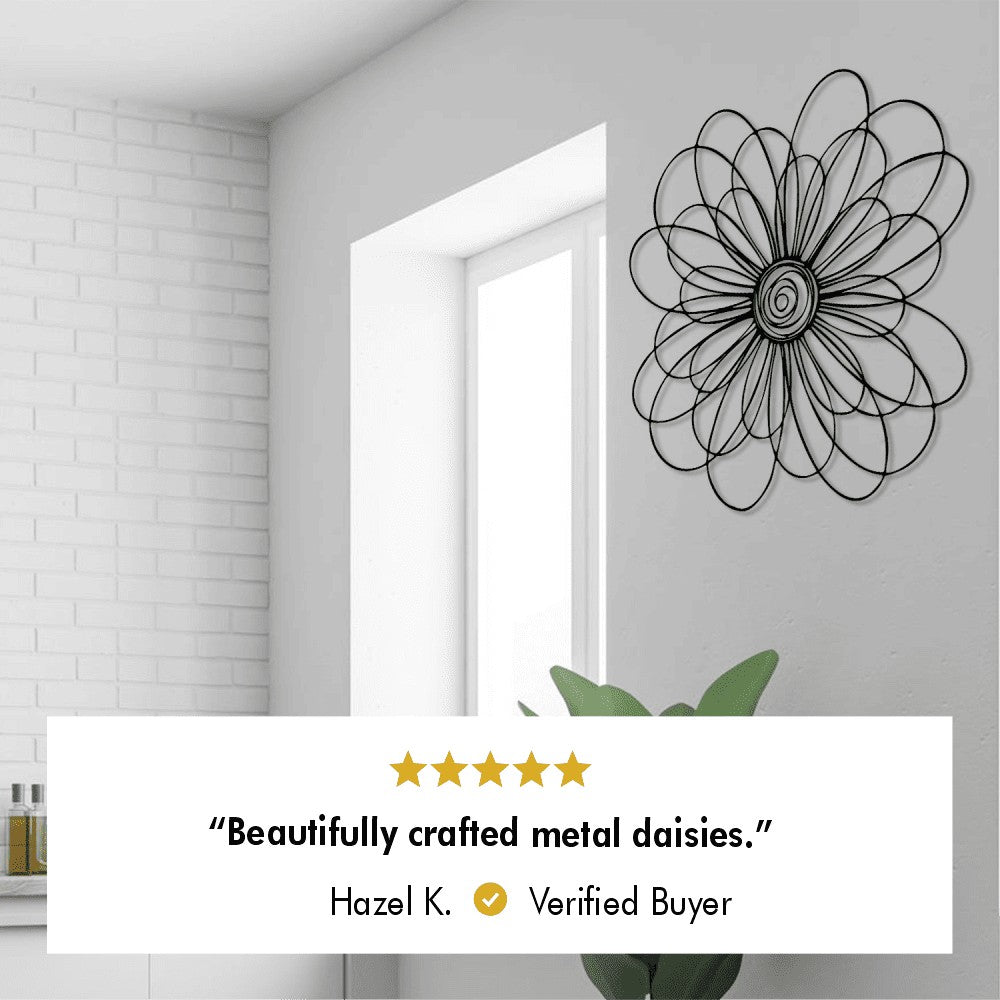 Metal Daisy Wall Art, laser-cut galvanized steel with electrostatic powder-coat finish.