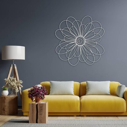 White Daisy Flower Metal Wall Art in a living room