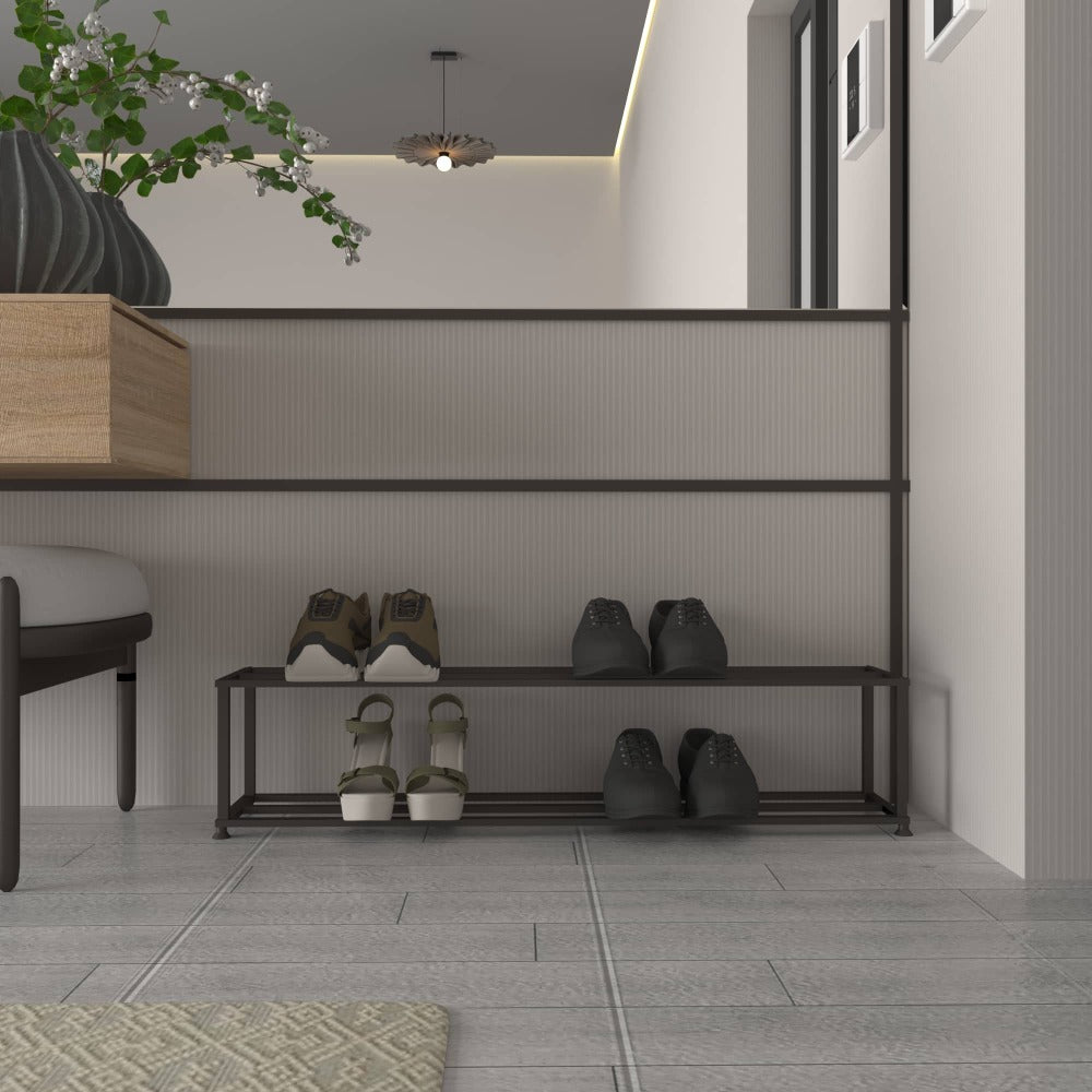 Minimalist two-tier metal shoe rack placed in a modern entryway, neatly holding three pairs of shoes, with a decorative plant and contemporary design elements in the background.