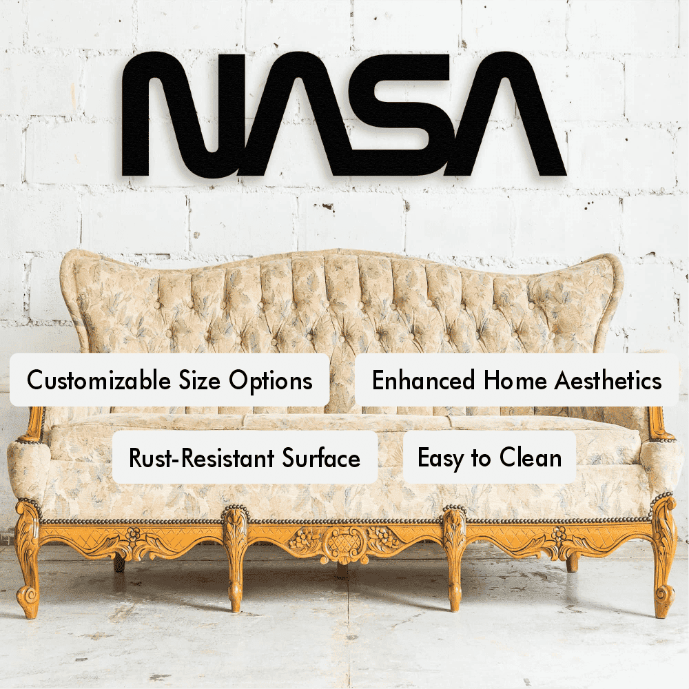 Close-up of black NASA Sign Metal Wall Art details