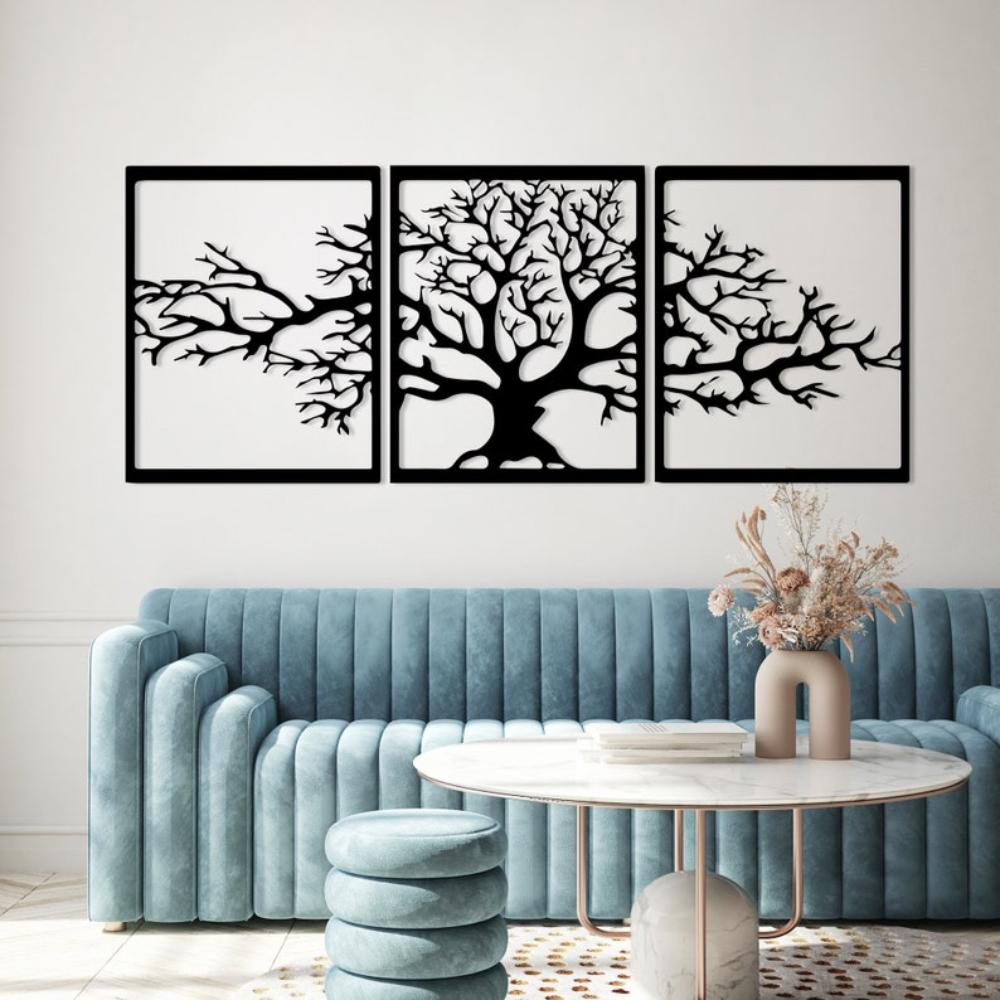 Black Tree of Life 3-Panel Metal Wall Art in a living room