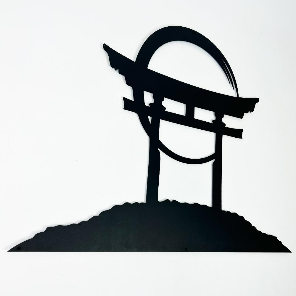A detailed close-up of the black Torii gate metal wall art, showing its smooth, laser-cut profile.