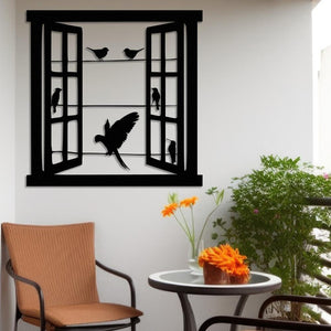 Open Window with Birds Metal Wall Art in a patio