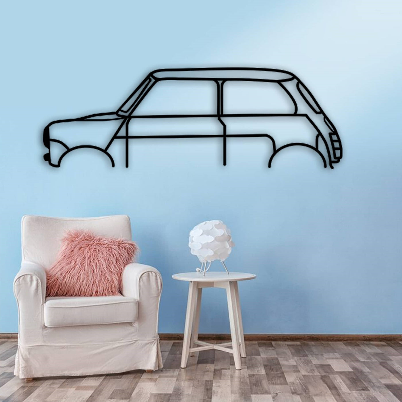 Mini Cooper car silhouette metal wall art displayed in a styled interior with a floor lamp.