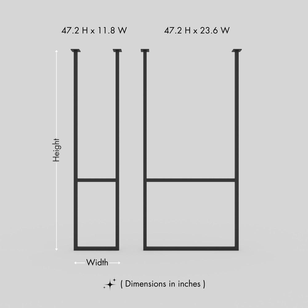 Size guide for Ceiling Double Towel Rack showing 2 available size variants up to 47 x 24 in, with scale references for comparison.