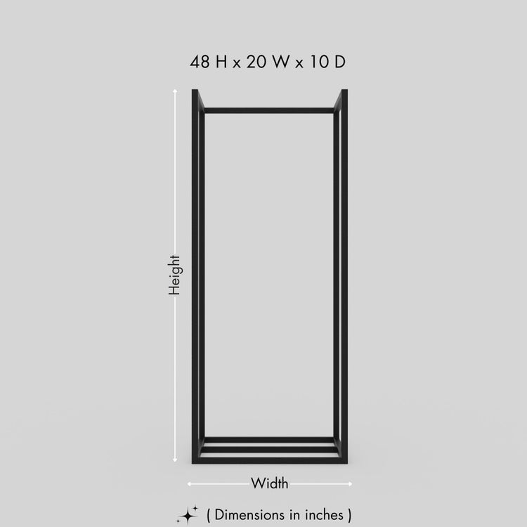 Dimensions of a minimalist black metal wood holder, showing height, width, and depth measurements clearly against a gray background