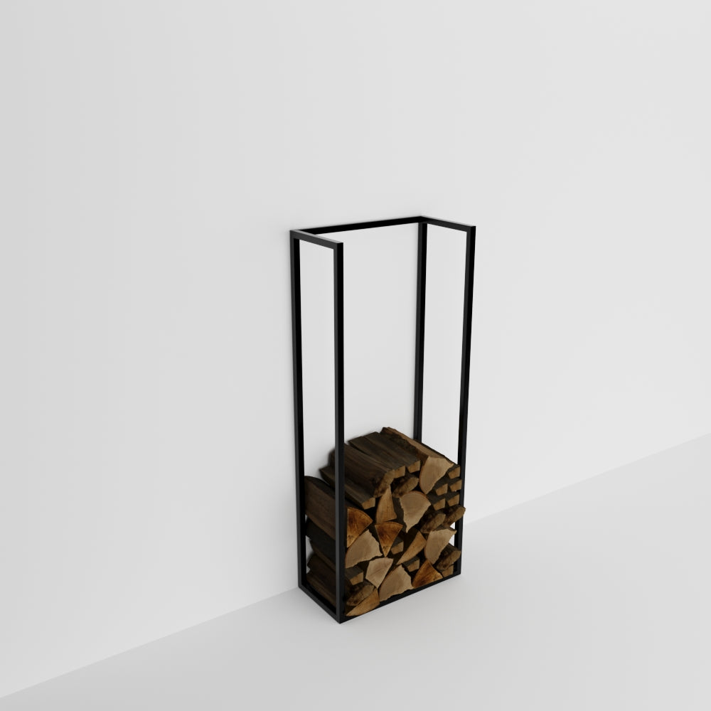 Minimalist black metal wood holder with stacked logs, displayed on a plain white background to emphasize the product design