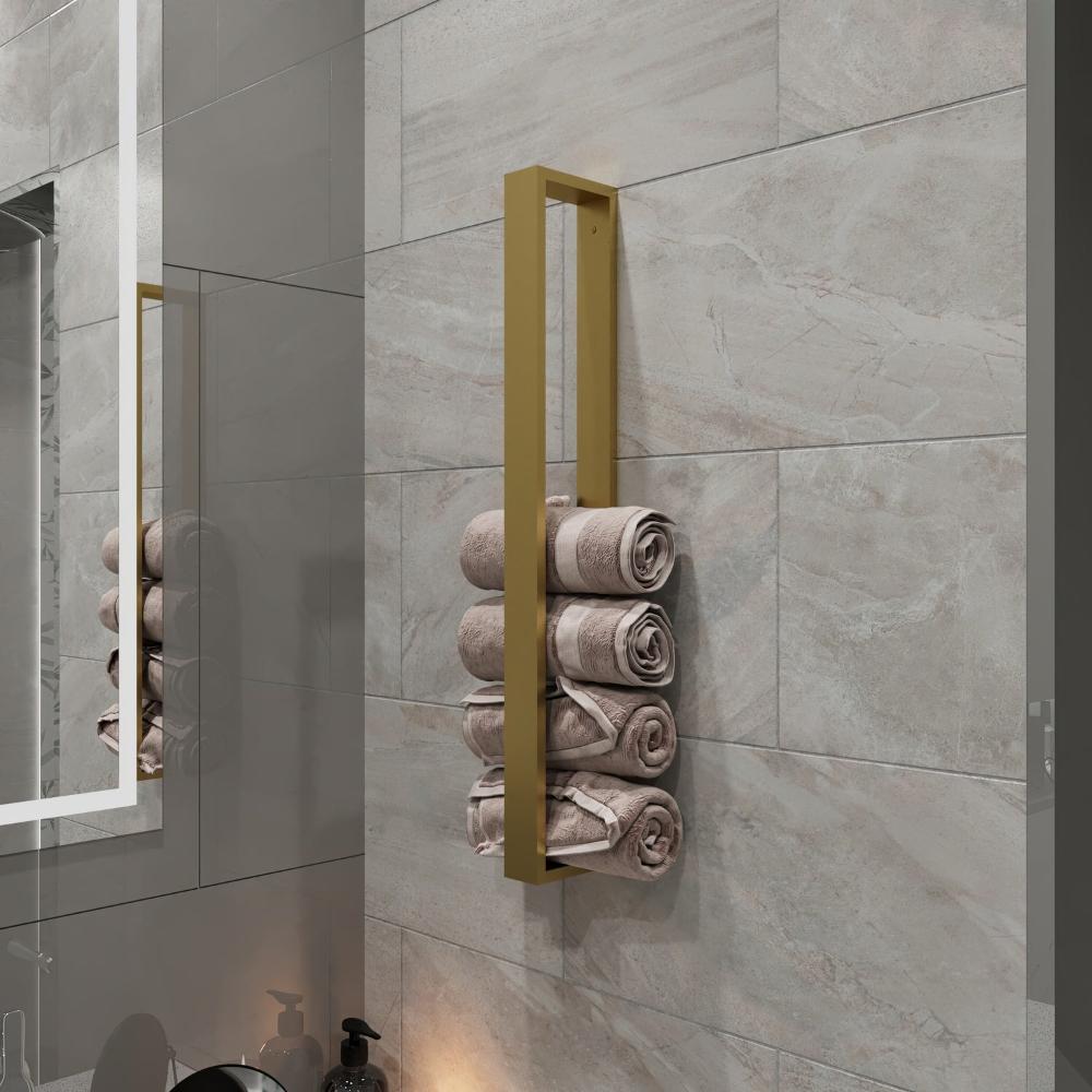 Size guide for Minimalist Vertical Towel Storage showing 4 available size variants up to 24 x 4 in, with scale references for comparison.
