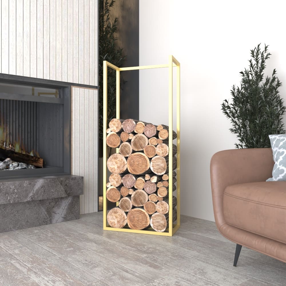 Minimalist gold metal wood holder with neatly stacked firewood, displayed in a stylish living room with a modern fireplace