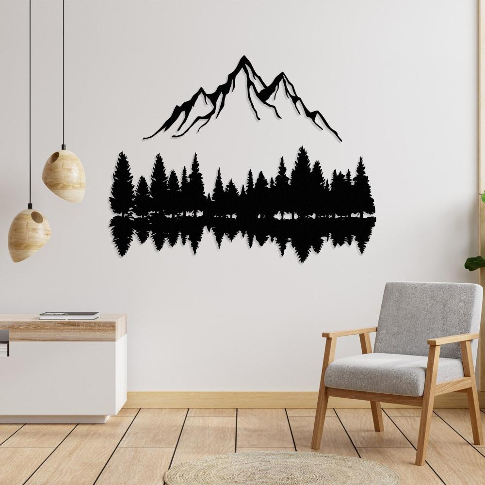 Mountain Peaks and Trees Metal Wall Art in a living room
