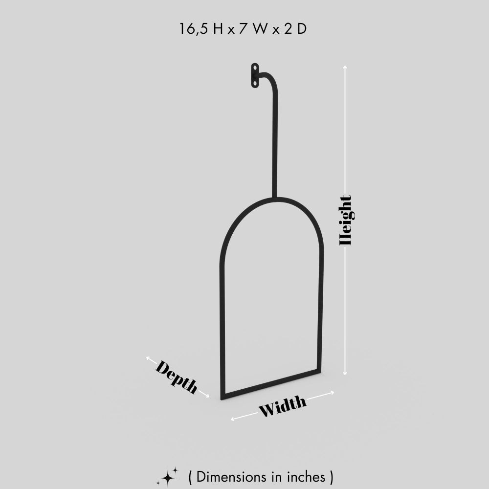A minimalist towel ring with dimensions labeled as 16.5 inches height, 7 inches width, and 2 inches depth, showcasing its sleek design against a plain background.. This diagram is labelled in inches; centimetre values are shown beside the image.