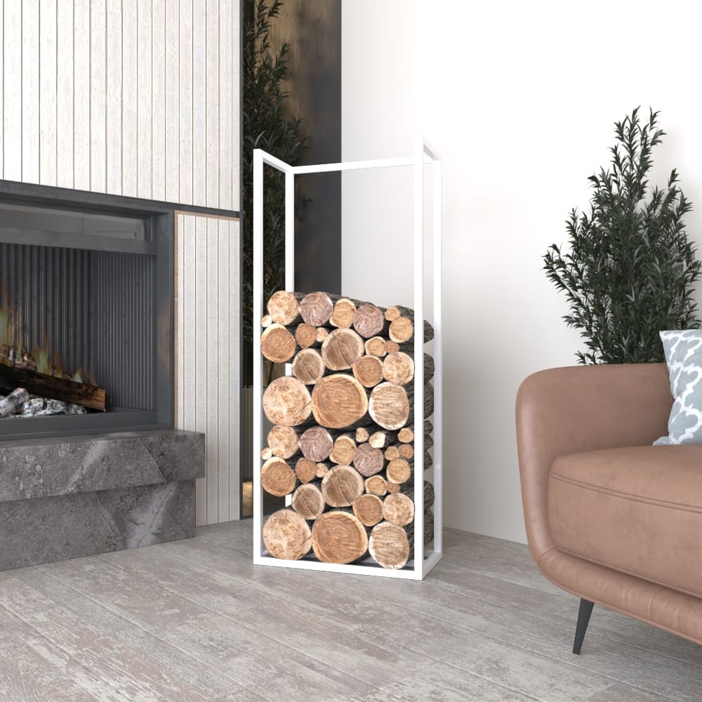 Minimalist white metal wood holder filled with stacked logs, positioned next to a modern fireplace in a cozy living room setting