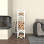 White Modern Hexagonal Metal Log Storage neatly holding firewood logs, placed in a cozy living room next to a fireplace and beige couch