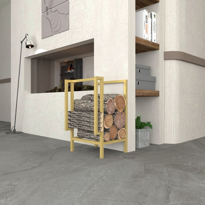 Modern Gold metal firewood and kindling storage placed against a cream-colored wall with built-in shelf decor.