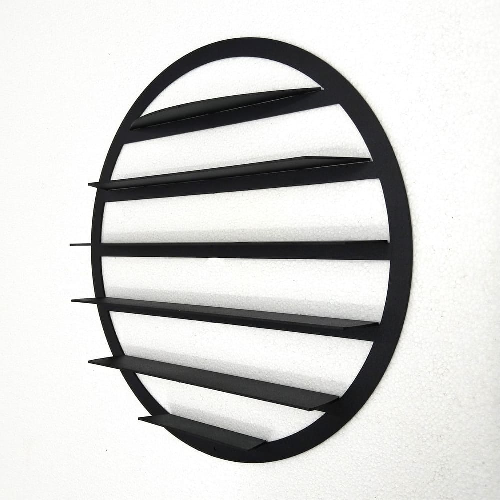 Round black metal shelf designed for model cars and wall mounting.