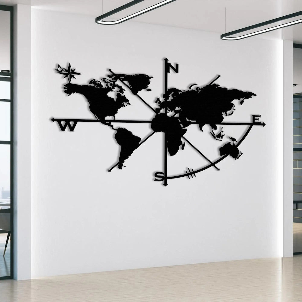 Metal world map wall sculpture for bedrooms or living rooms, laser-cut from galvanized steel.