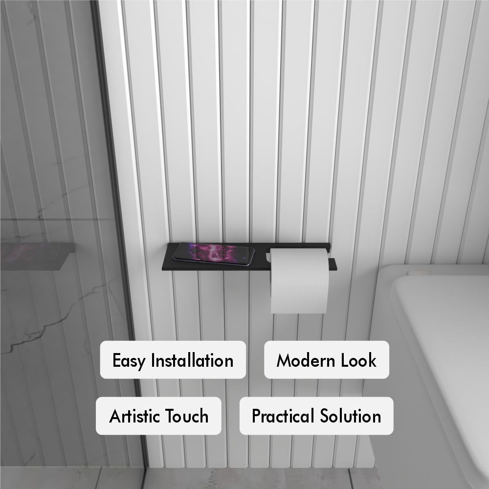 Modern wall-mounted toilet paper holder with a sleek black metal shelf, featuring space for holding a smartphone. The design adds an artistic touch to the bathroom with wall installation and a practical, space-saving.