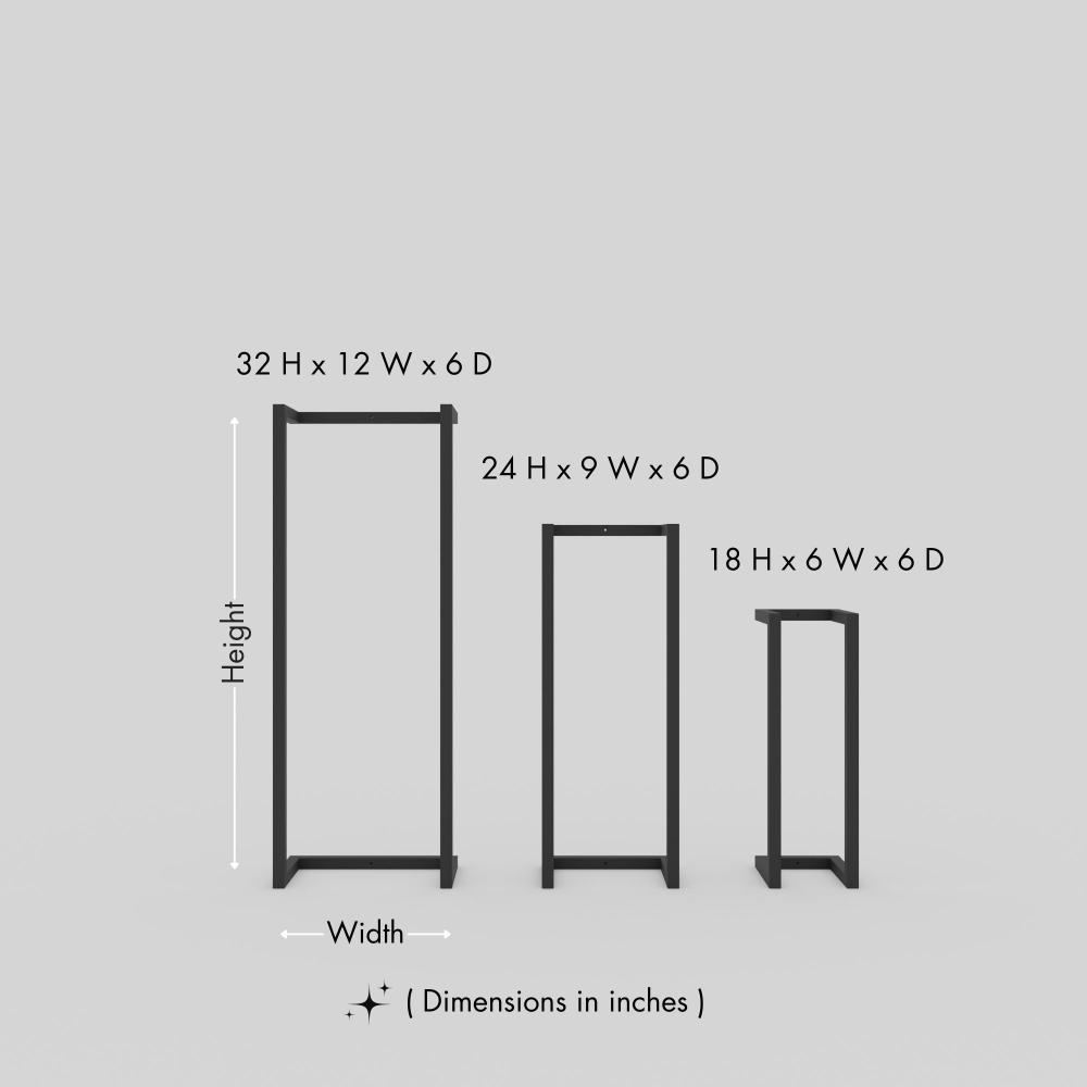 Modern wall-mounted towel and blanket storage rack with three size variations: 32 inches height by 12 inches width by 6 inches depth, 24 inches height by 9 inches width by 6 inches depth, and 18 inches height by 6 inches width by 6 inches depth, designed with sleek black lines for versatile use in bathrooms or living spaces.. This diagram is labelled in inches; centimetre values are shown beside the image.