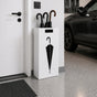 Modern white metal umbrella stand with umbrella silhouette cutout in contemporary garage entryway