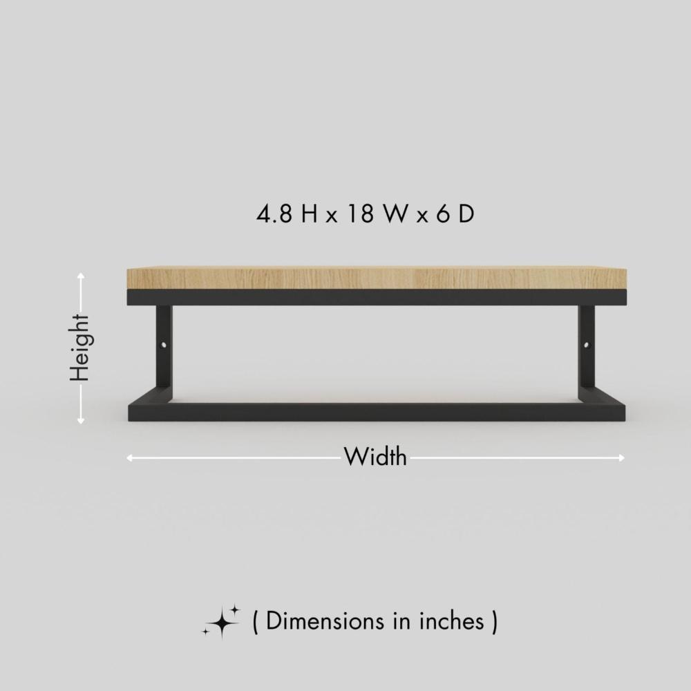 A graphic illustration of the modern wall-mounted towel holder displaying its dimensions: 4.8 inches height, 18 inches width, and 6 inches depth.. This diagram is labelled in inches; centimetre values are shown beside the image.