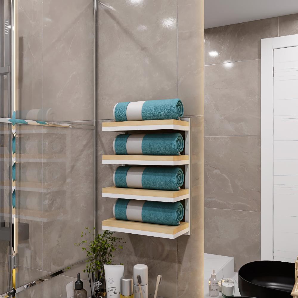 Modern bathroom featuring a chic wall-mounted towel rack with light wood shelves. The compact design holds rolled towels neatly, adding both functionality and a touch of natural warmth to the sleek, tiled space.
