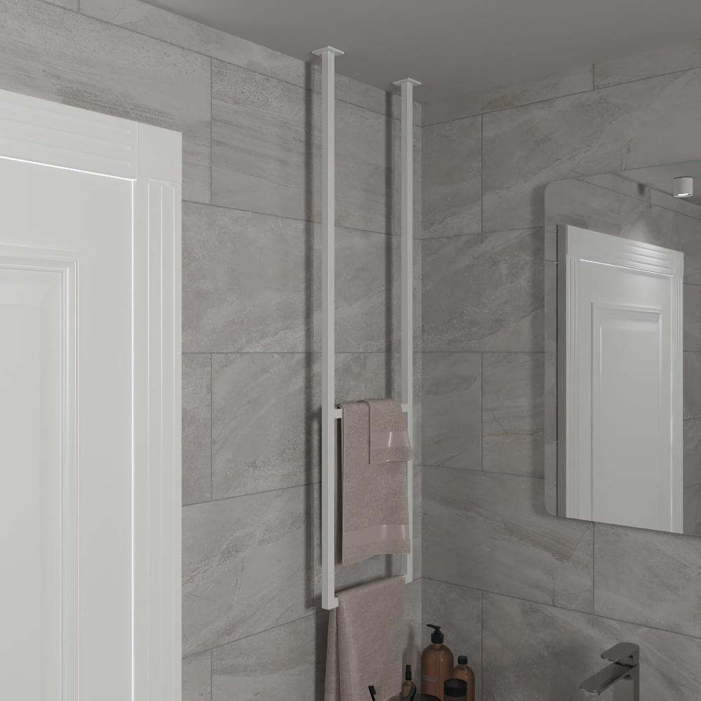 Modern bathroom featuring a sleek white ceiling-mounted towel rack. The minimalist design offers a space-saving solution, shown for contemporary bathroom decor. The rack blends seamlessly with the light gray tiles,.