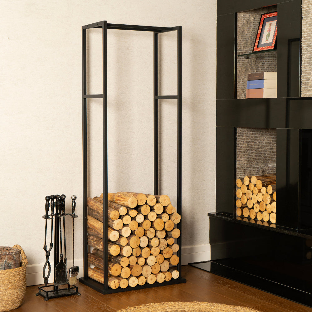 Firewood storage rack against a wall with a fireplace and decorative items.