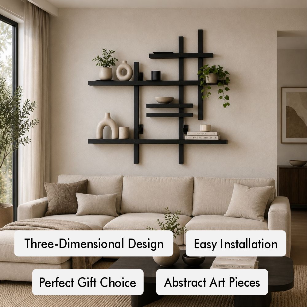 Modular metal wall shelf benefits image showing three-dimensional design, easy installation, perfect gift choice, and abstract art piece callouts.