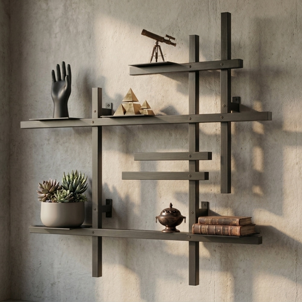 Black modular metal wall shelf with books, plants, and decorative objects on a textured wall.