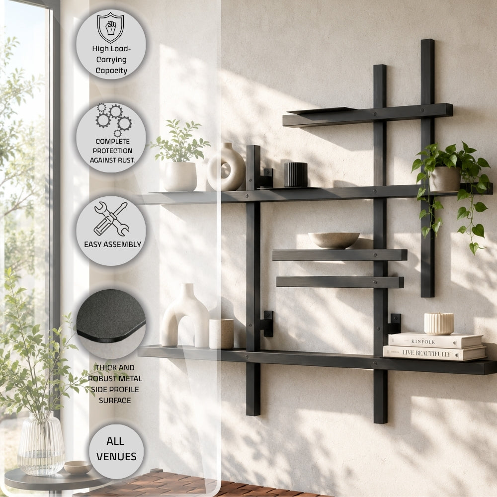 Modular metal wall shelf feature image with high load carrying capacity, rust protection, easy assembly, thick metal side profile, and all venues callouts.