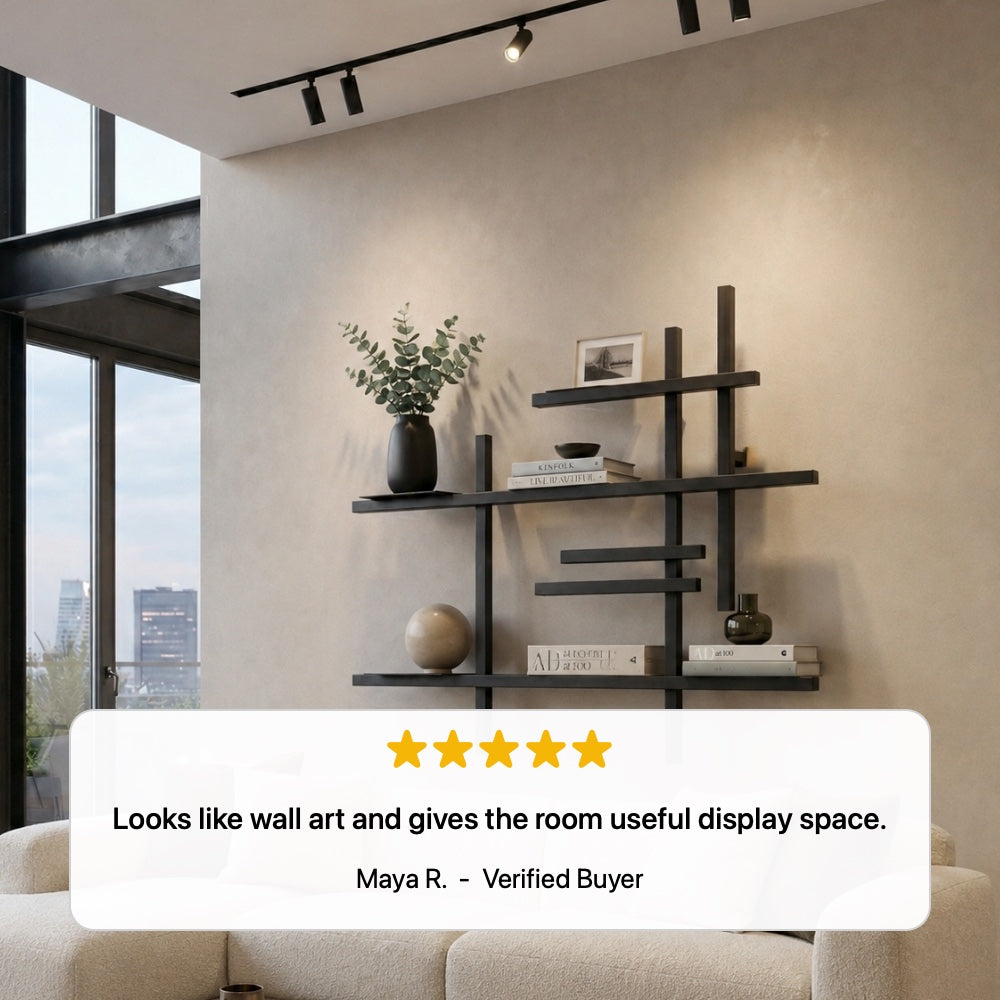 Five-star customer review from verified buyer Maya R. saying the shelf looks like wall art and gives useful display space.