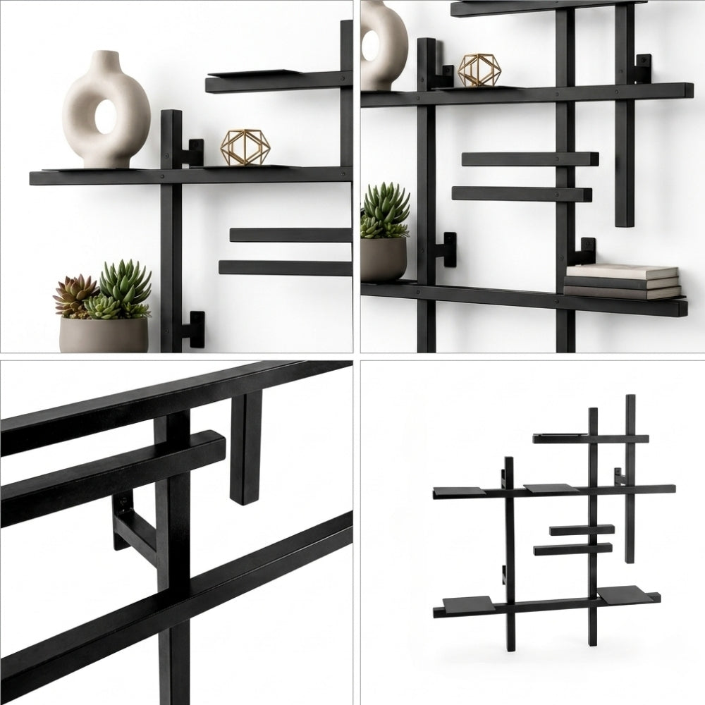 Detail collage for black modular metal wall shelf showing ledges, wall mounting brackets, and metal profile details.