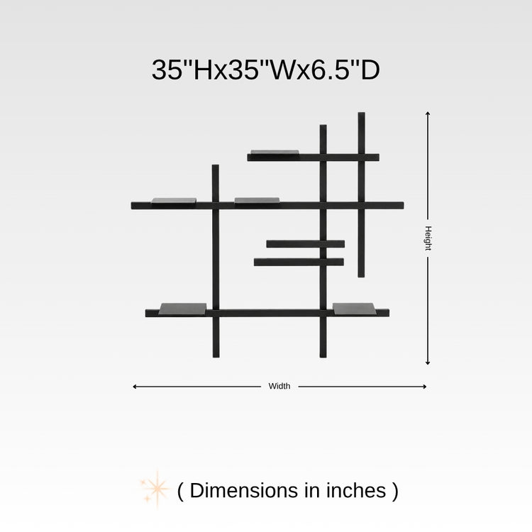 Dimension chart for modular metal wall shelf showing 35 inch height, 35 inch width, and 6.5 inch depth.