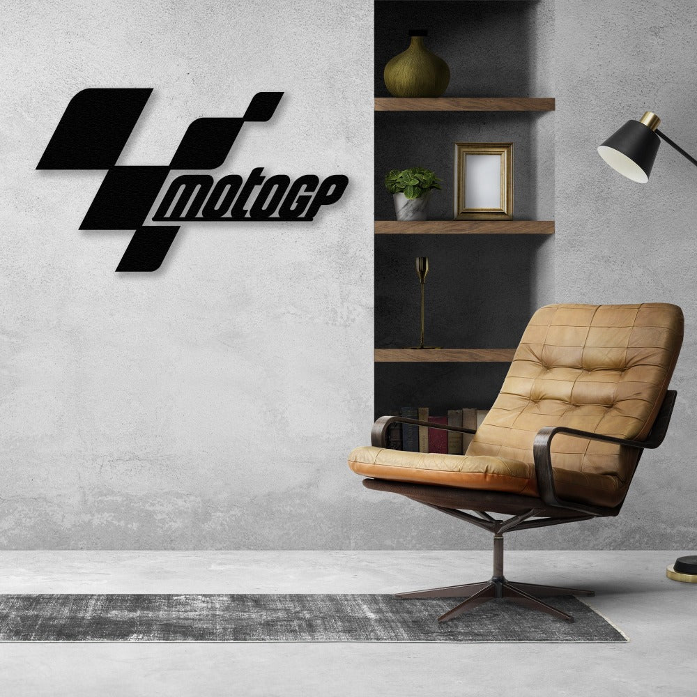 MotoGP metal logo wall art displayed in an office setting.
