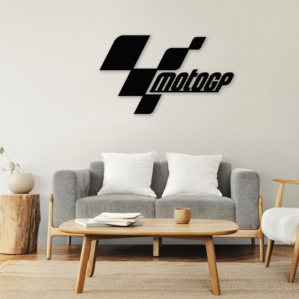 MotoGP Logo Metal Wall Art in a living room