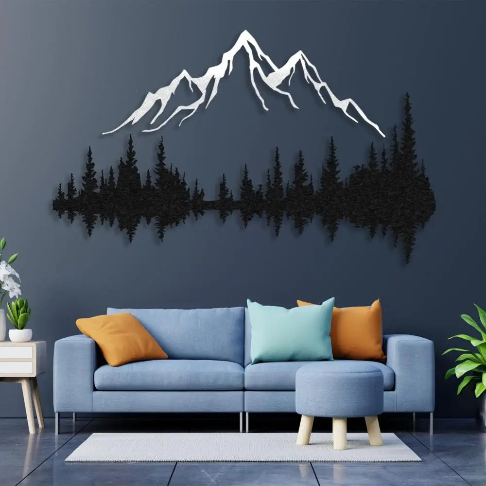Mountain and Forest Metal Wall Art in a living room