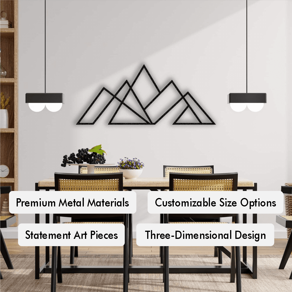 Black Geometric Mountain Range Metal Wall Art in a dining room