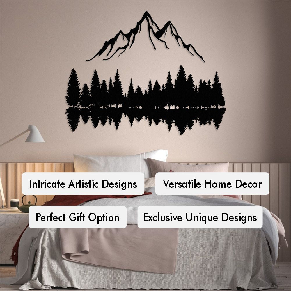 Mountain Peaks and Trees Metal Wall Art in a bedroom