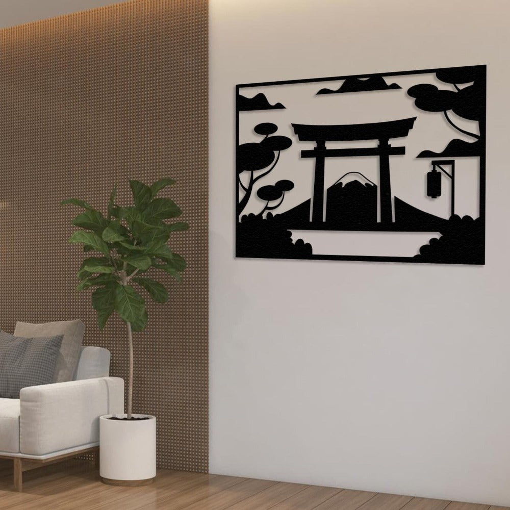 Close-up of black Mount Fuji Torii Gate Metal Wall Art details