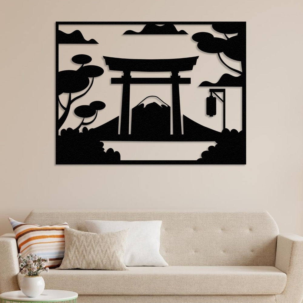 Black Mount Fuji Torii Gate Metal Wall Art in a living room