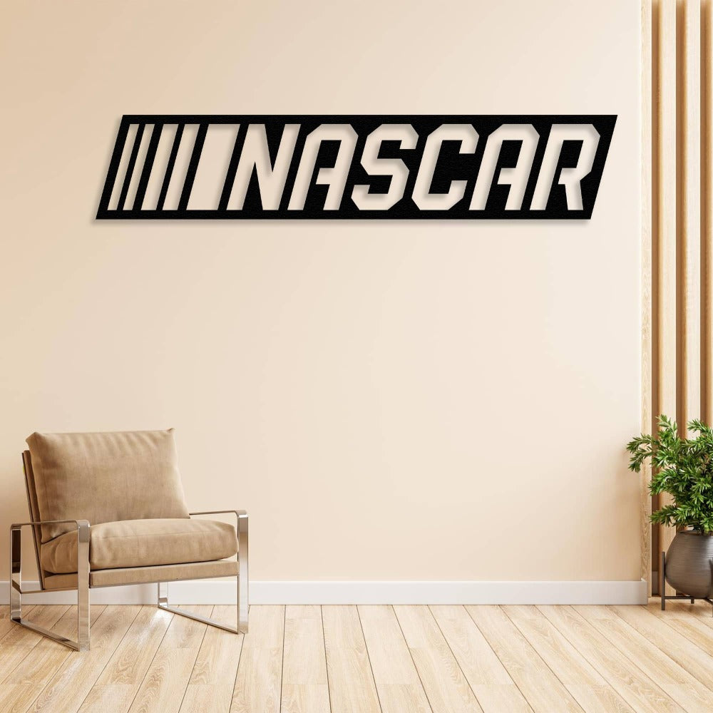 NASCAR Banner Metal Wall Art in a living room