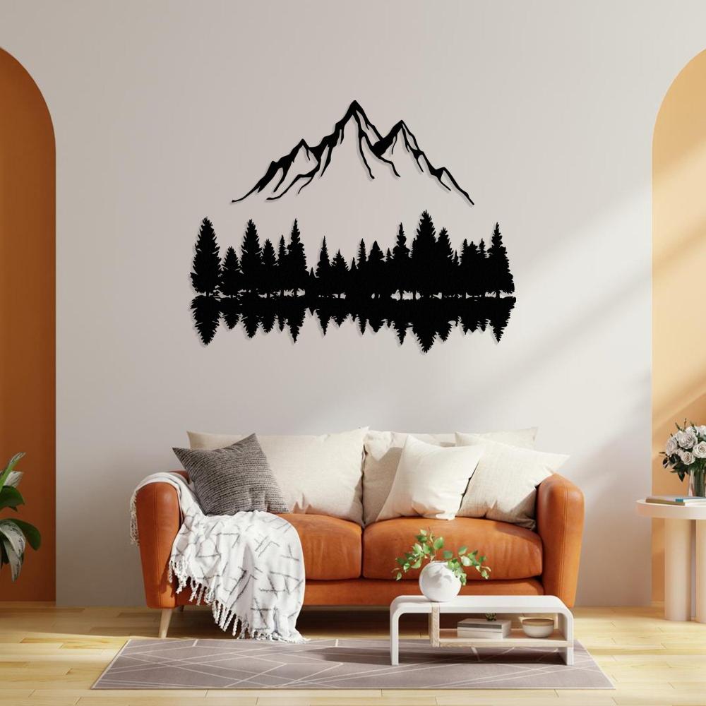 Mountain Peaks and Trees Metal Wall Art in a living room
