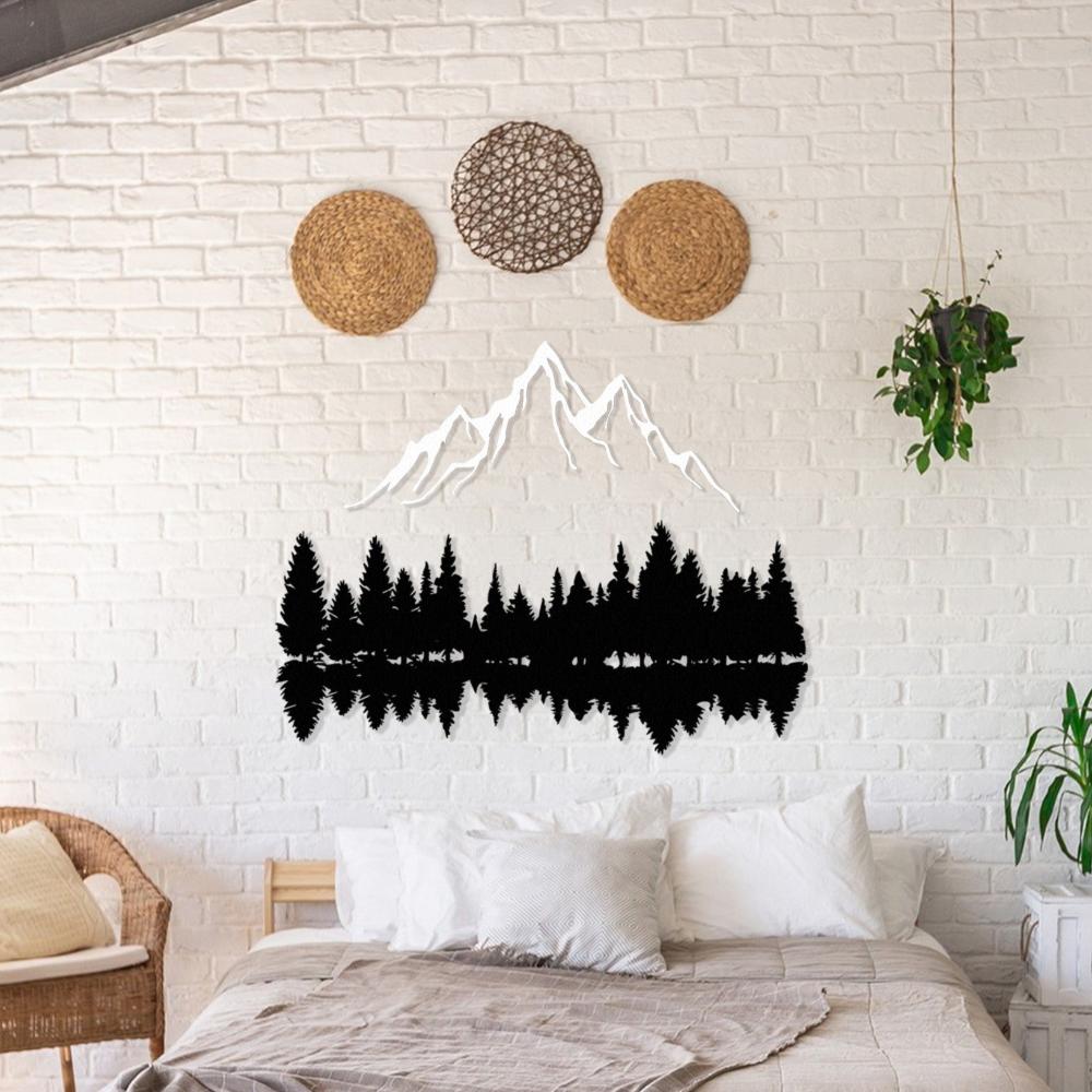 Mountain Peaks and Trees Metal Wall Art in a bedroom