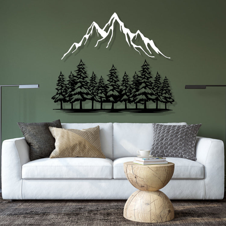 Nature inspired metal wall art with mountain and pine tree silhouette.