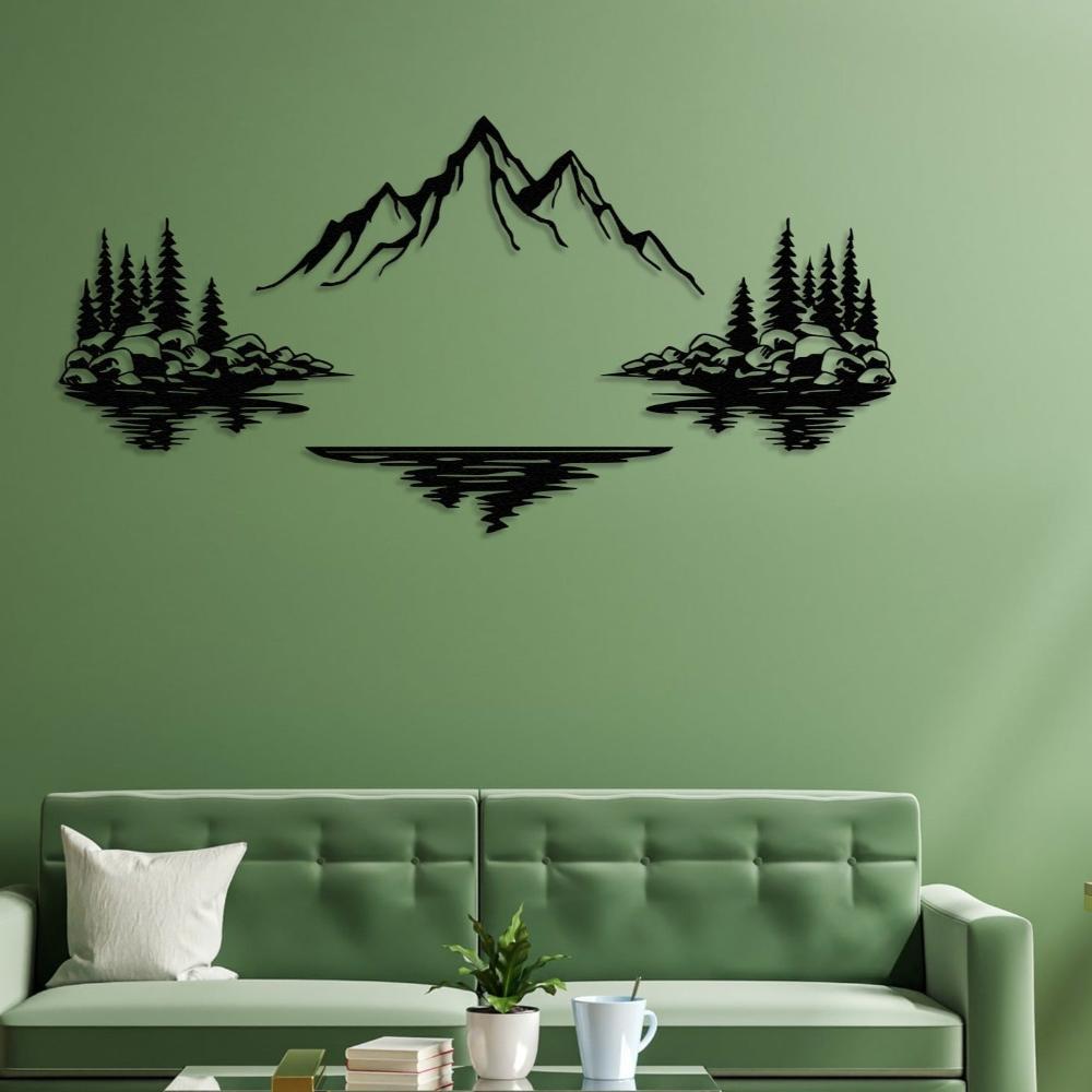 Mountain Lake Landscape Metal Wall Art in a living room