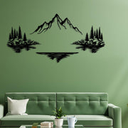 Mountain Lake Landscape Metal Wall Art in a living room
