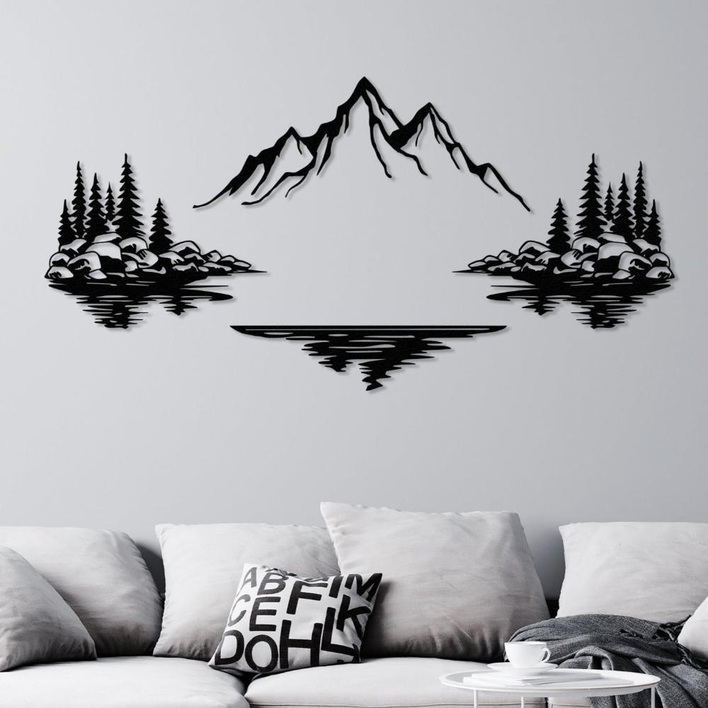 Black Mountain Lake Landscape Metal Wall Art in a living room