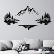 Black Mountain Lake Landscape Metal Wall Art in a living room