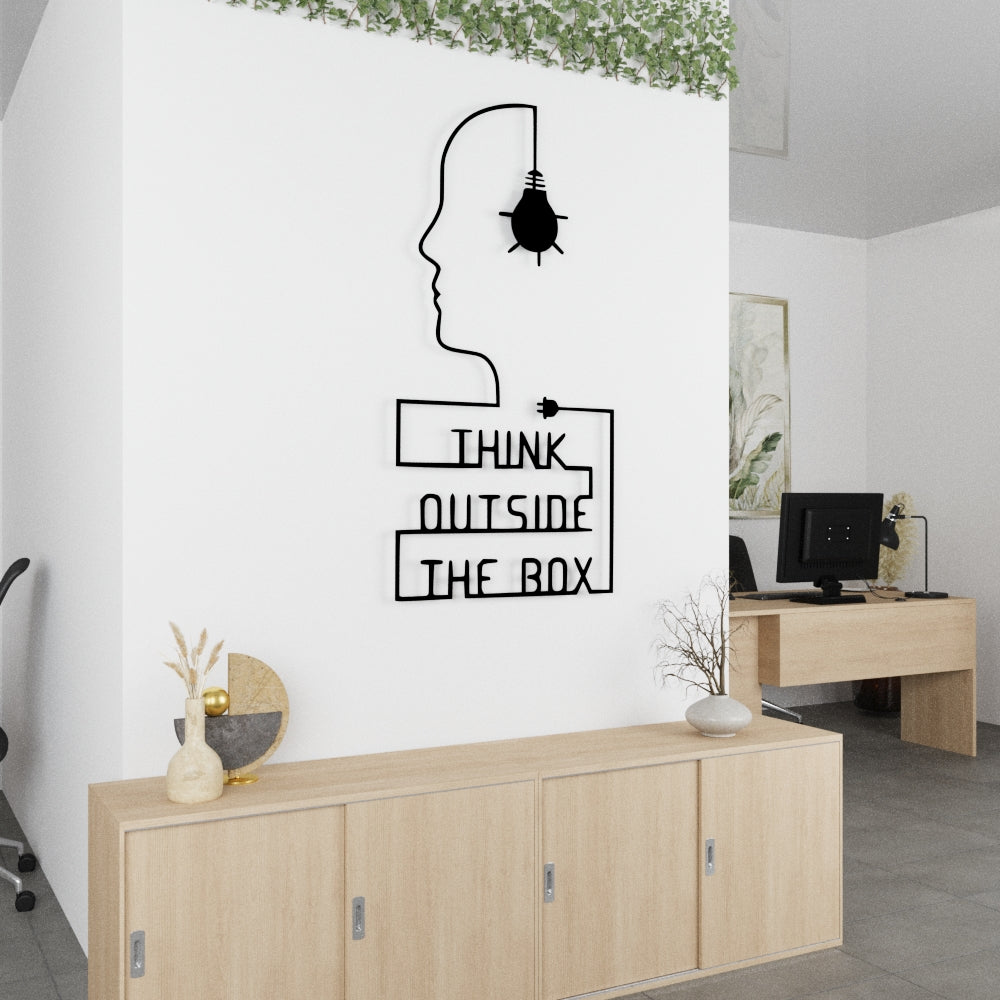 Modern office interior with a wall decal and wooden furniture.