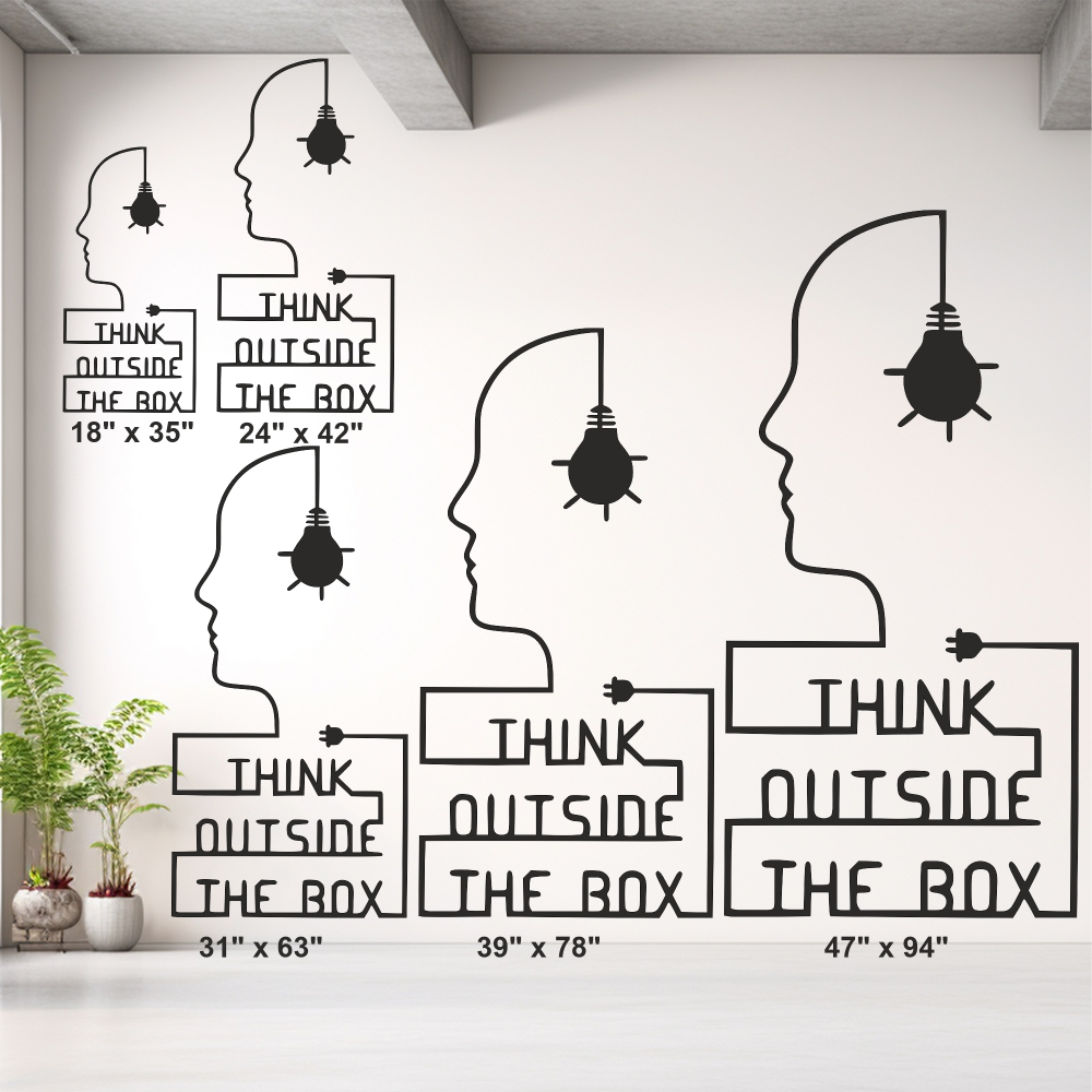 Laser-cut galvanized metal wall art with 'Think Outside the Box' design on a white wall.